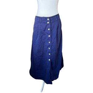 Vintage Dark Blue Long Maxi Skirt Button-Front Cotton Medium Elastic Waist